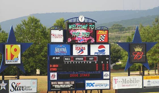 A scoreboard welcome- Joe Davis Stadium